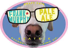 Frank Murphy tap handle label with a dog face wearing glasses